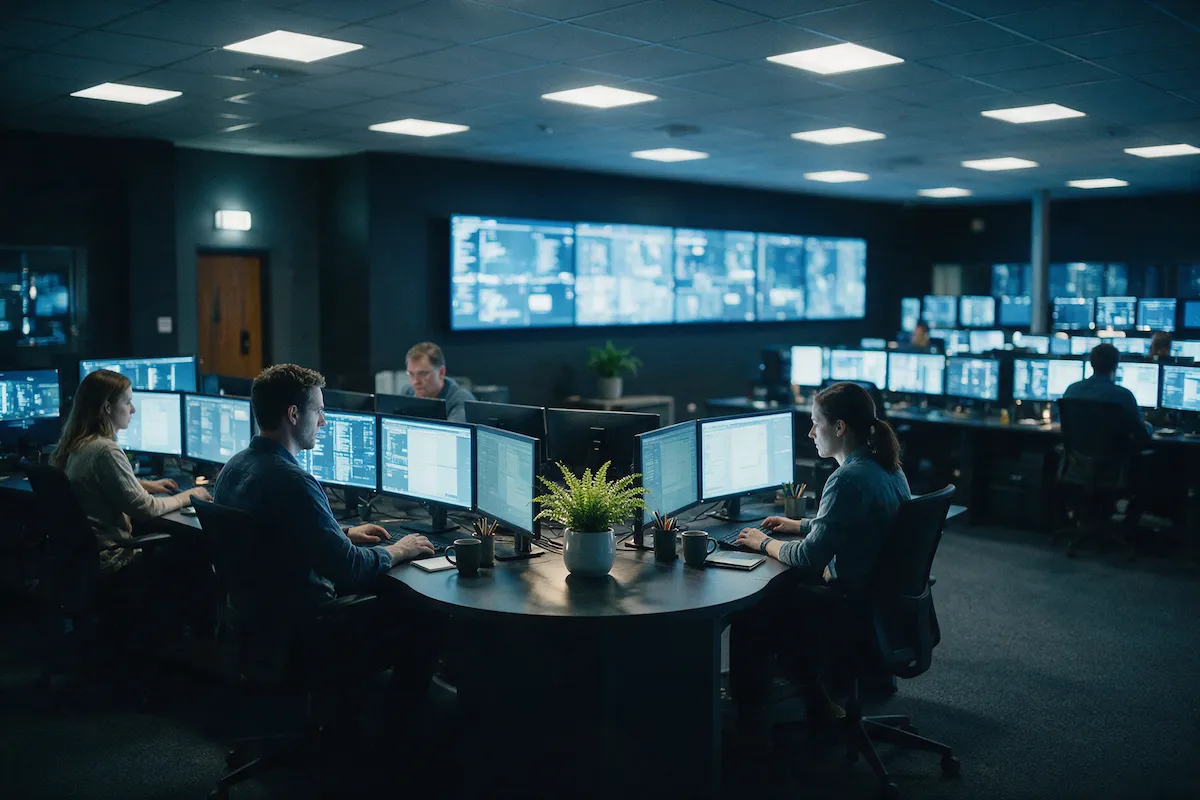 24/7 security operations centre with analysts at screens