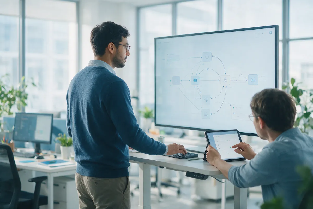 Engineer supervising an AI agent workflow with a human approval step
