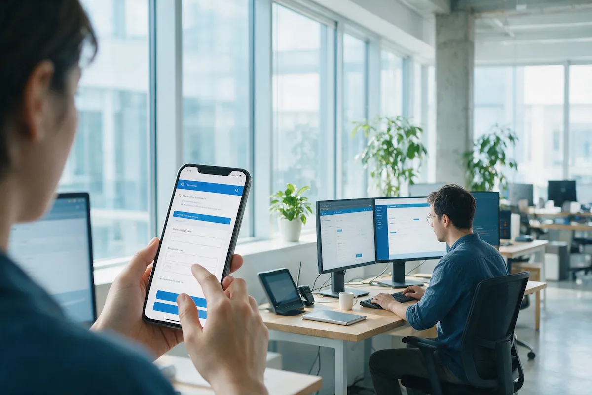 Citizen filling a public web form on a phone while a developer configures the portal