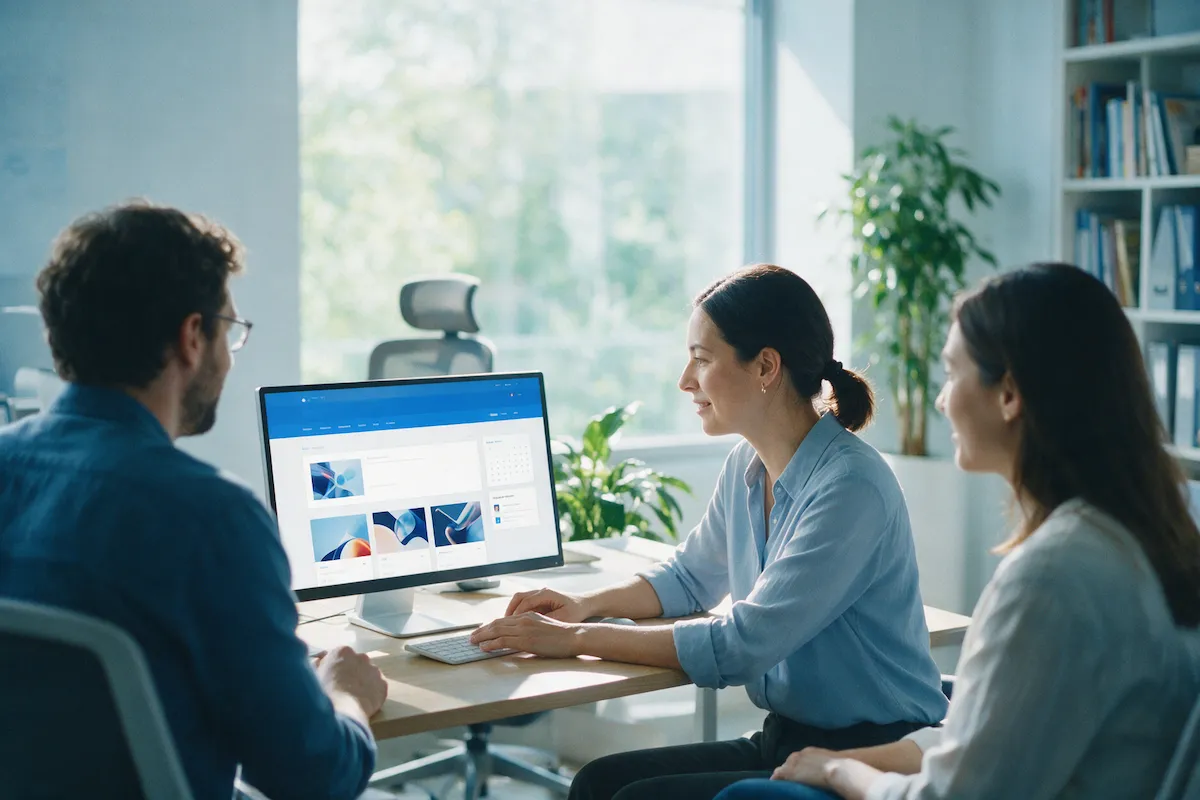 Communications manager reviewing a modern company intranet homepage with colleagues