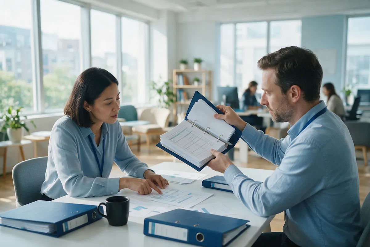 Compliance officer and IT lead reviewing data sensitivity labels and retention policies