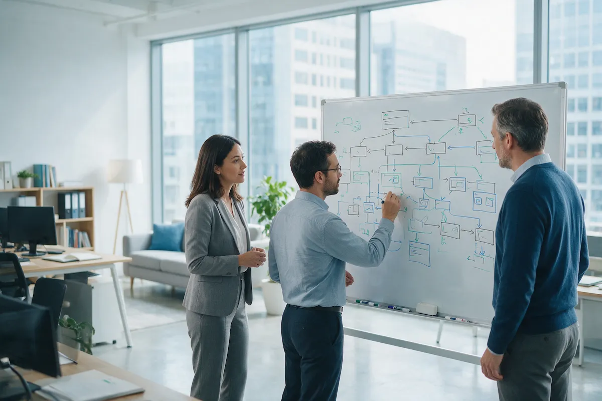Consultant and department heads designing a document library structure on a whiteboard