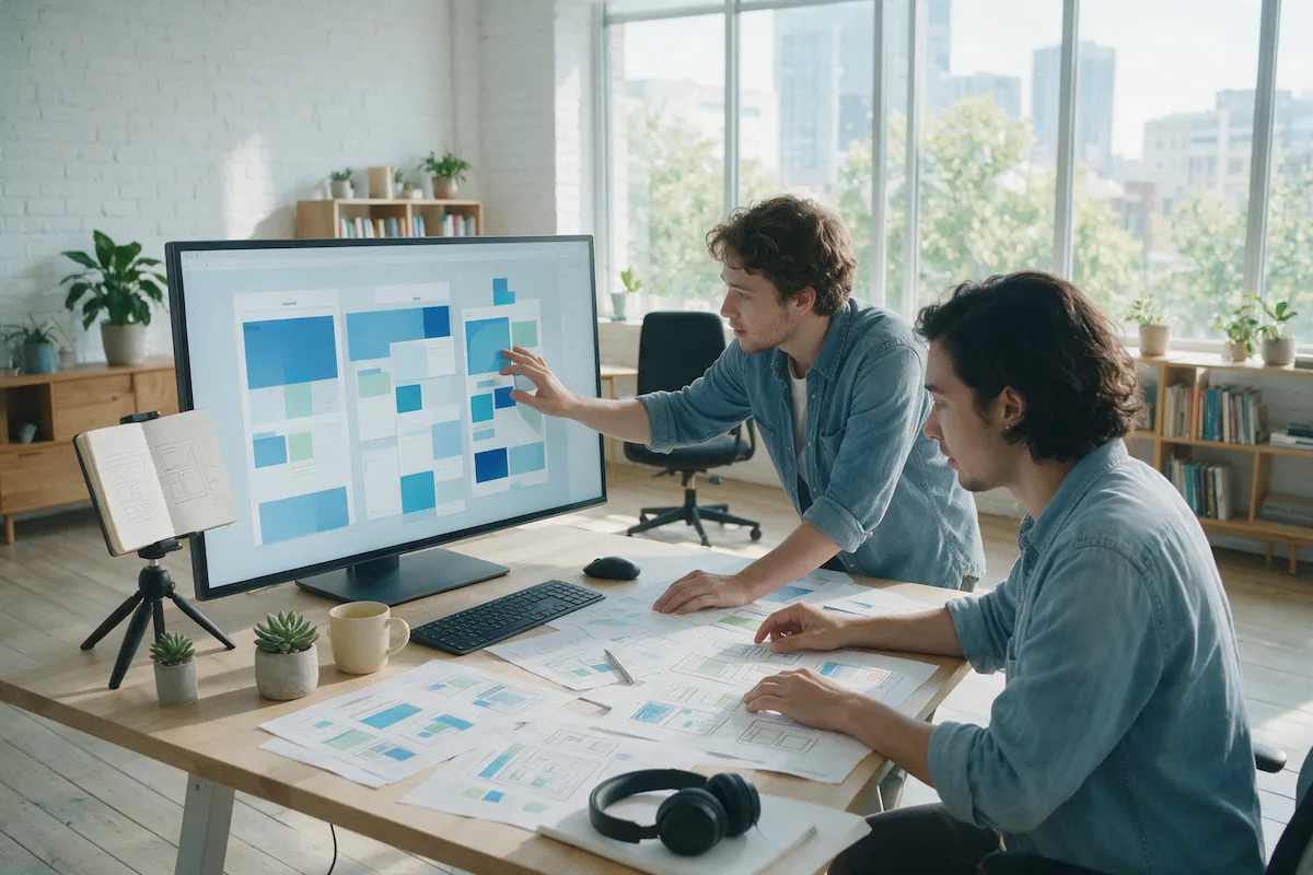 Content manager and web developer arranging page blocks on screen with printed site maps