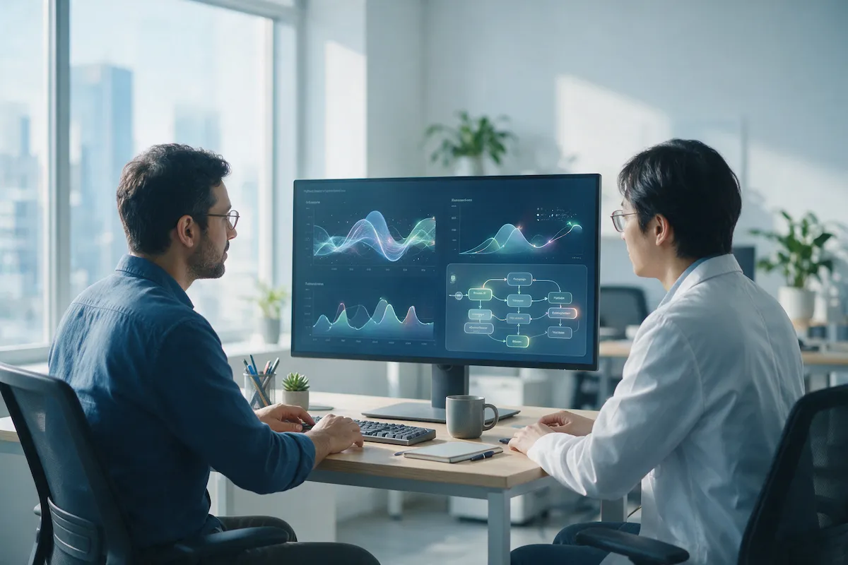 Data scientist and AI engineer reviewing model evaluation charts and a prompt-flow diagram