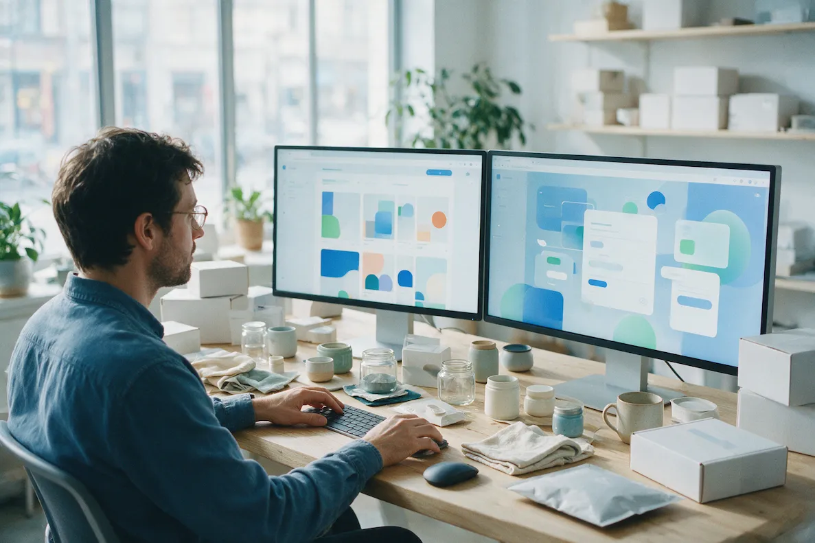 Ecommerce developer and designer building a custom online store with product samples on desk