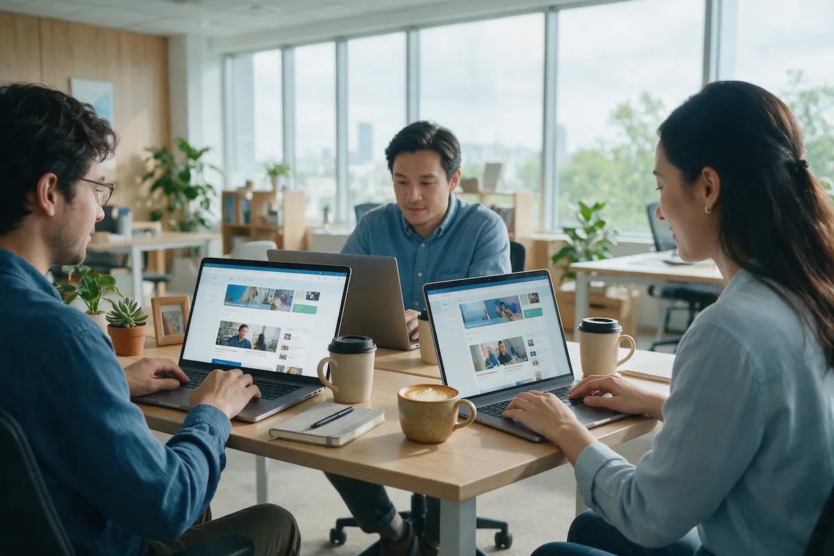 Employees browsing a modern company intranet news page on laptops