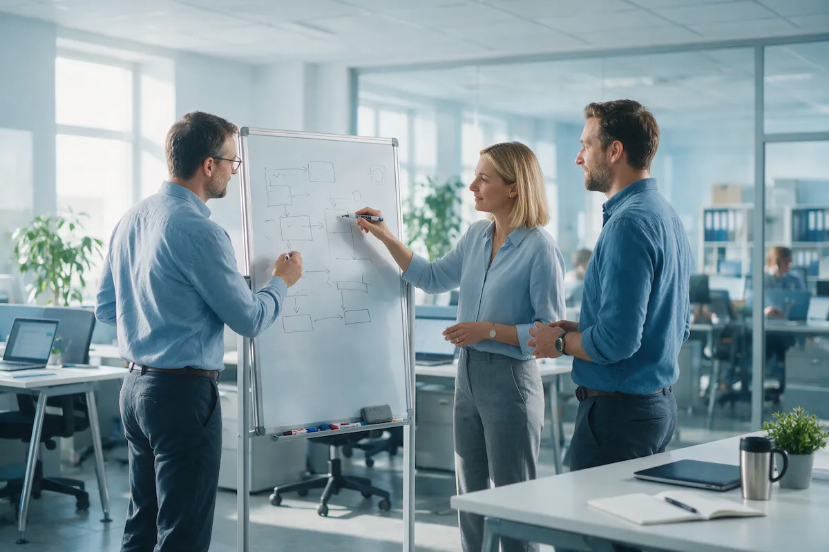ERP consultant mapping business processes on a whiteboard with finance and warehouse leads