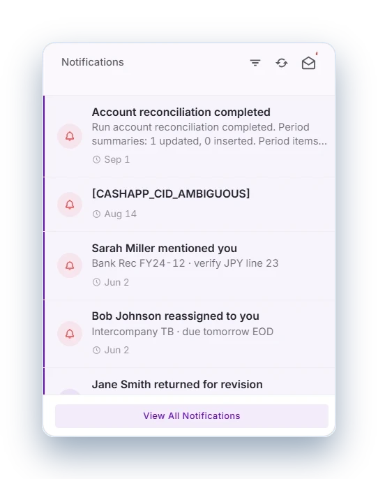 Finance notifications panel card displaying financial alerts and updates
