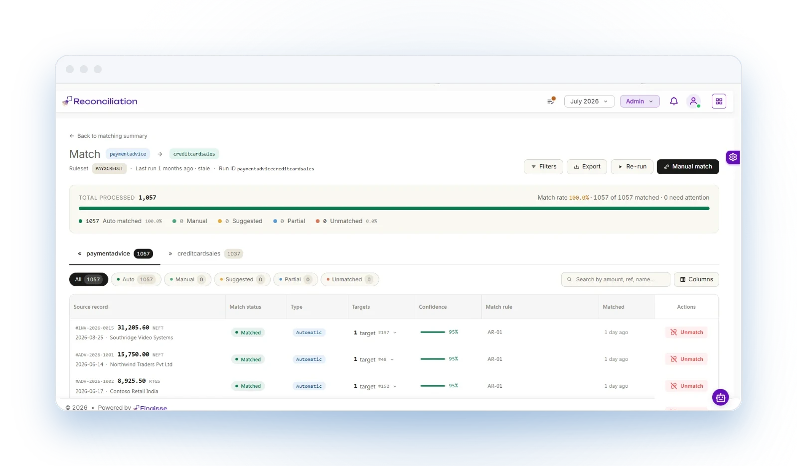 Finance reconciliation matching interface displayed in a framed dashboard