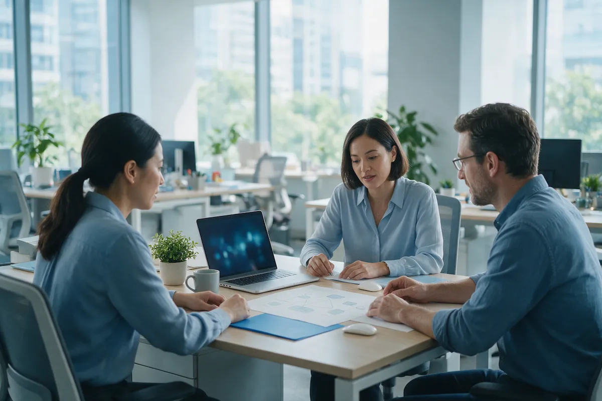 Finance and supply-chain leads reviewing ERP migration plan with consultant
