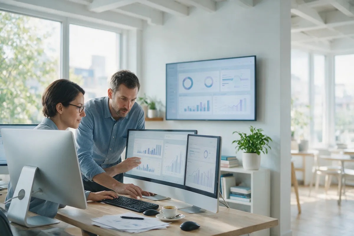Finance controller and operations lead reviewing financial and supply-chain dashboards