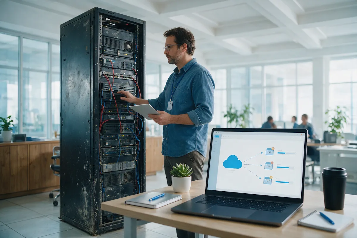 IT admin beside an old on-premises mail server rack