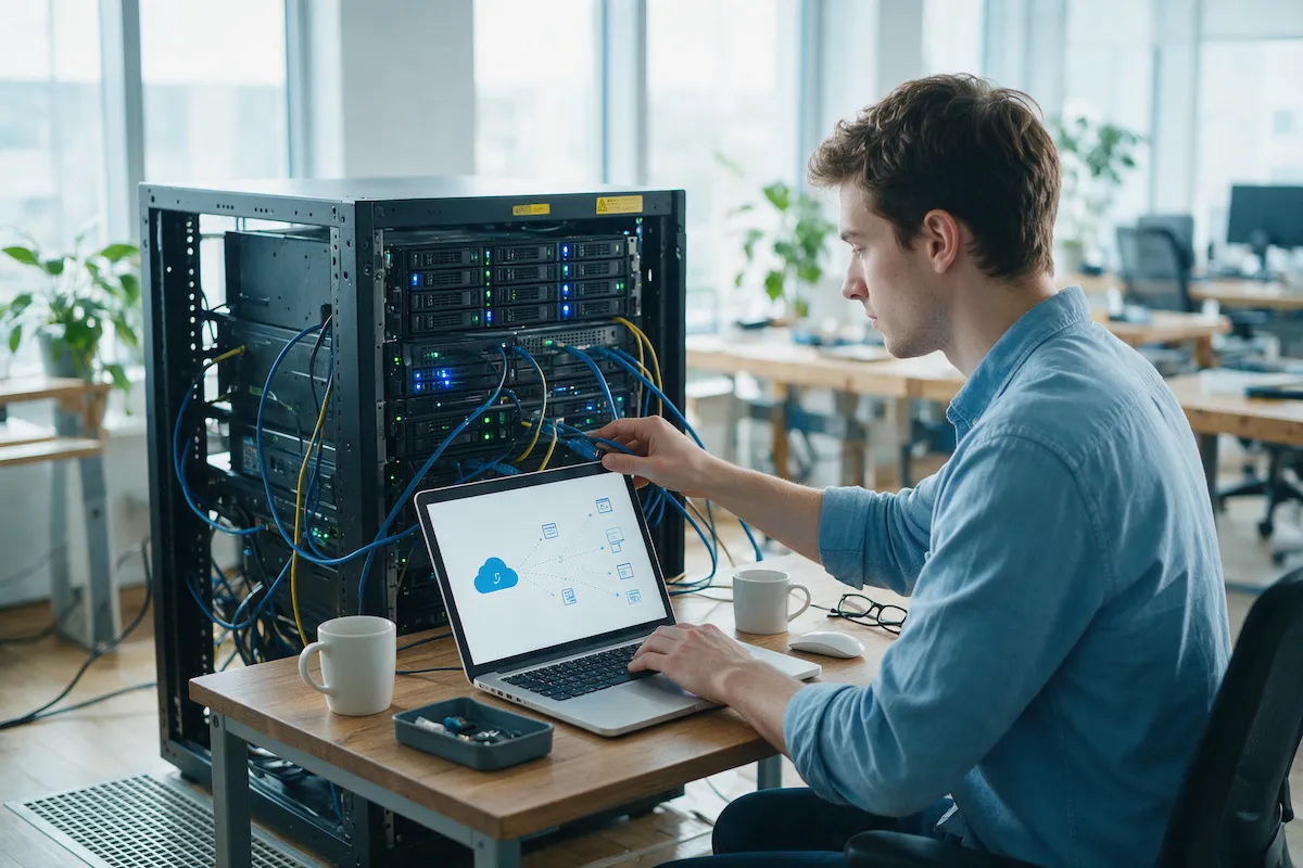 IT admin decommissioning an old server while sites move to cloud on laptop