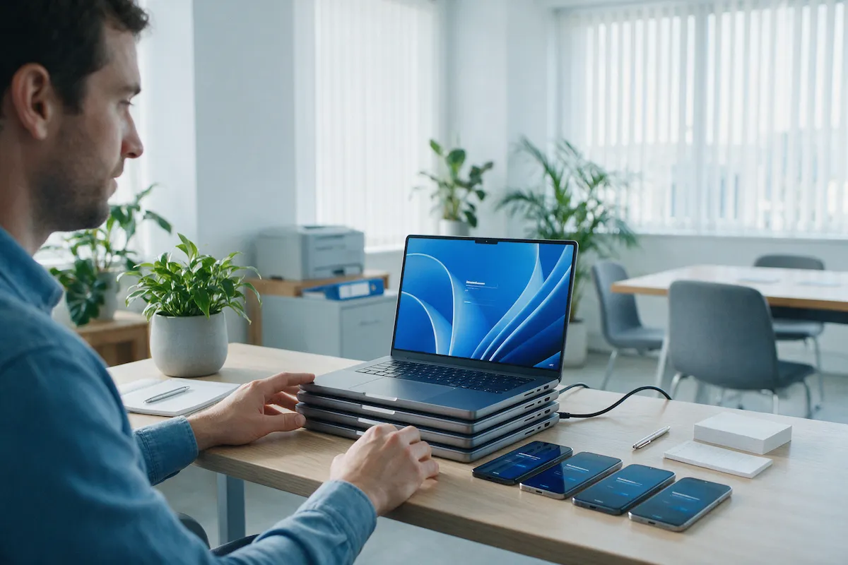 IT admin enrolling a stack of new laptops and phones for employees