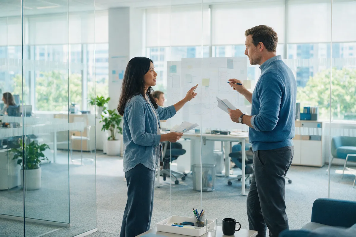 IT leads from two merging companies planning a tenant consolidation at a glass wall