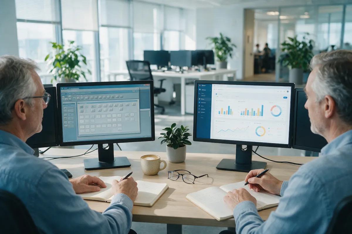 Engineer comparing a legacy application with its modernised AI version