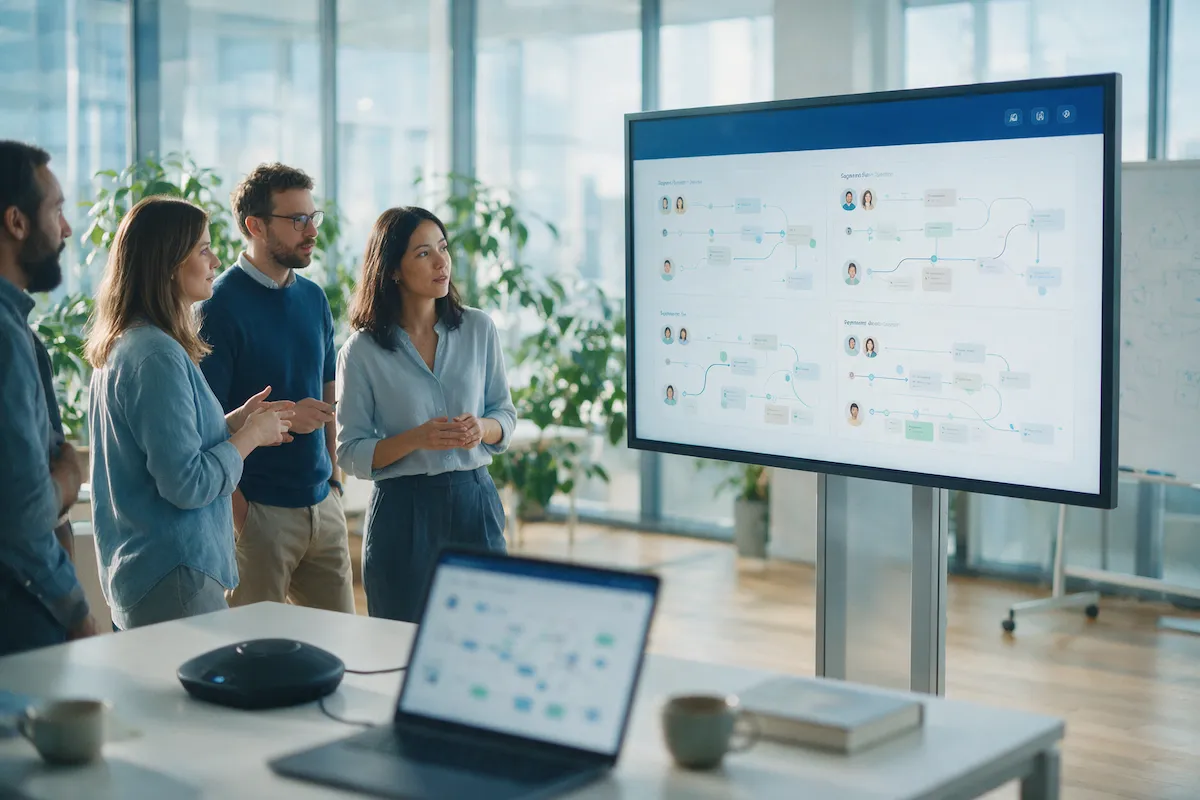Marketing team reviewing customer segment journey maps on a large screen