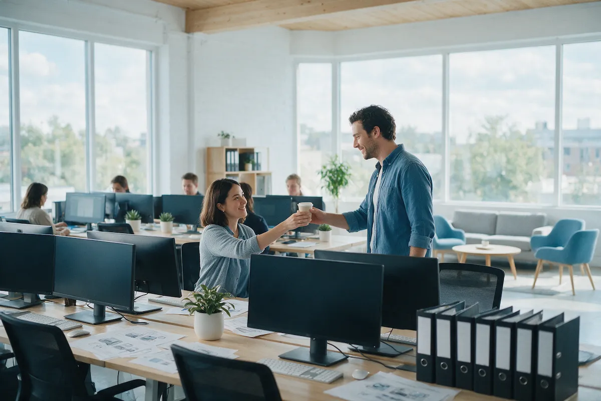 New contract engineer welcomed into a client development team at their desks