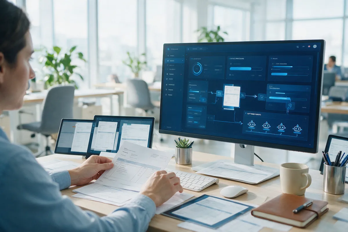 Operations analyst watching software robots process invoices automatically