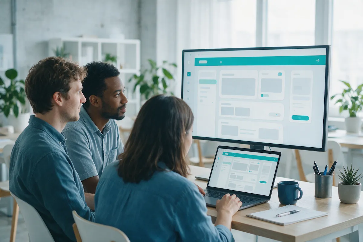 Product team reviewing a web app prototype on laptop and large monitor