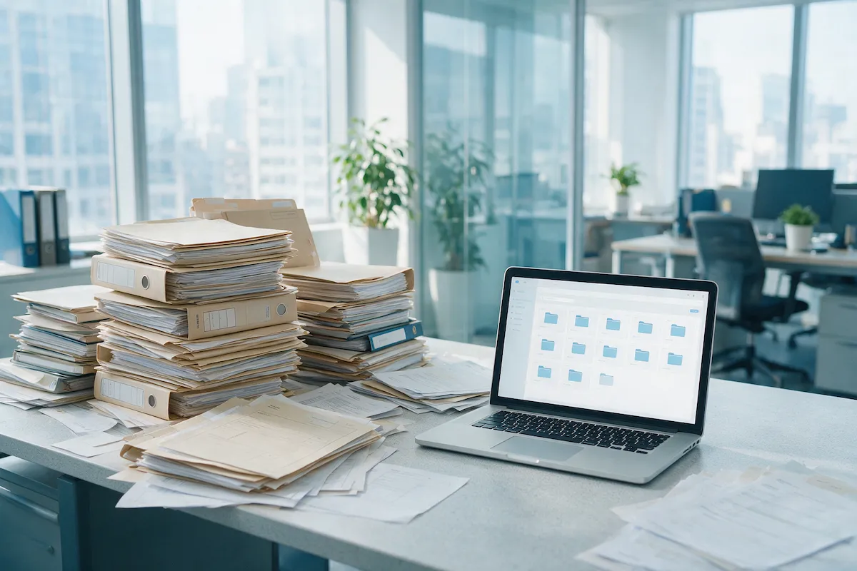 Records manager and consultant moving paper folders and an old document system to a modern document library