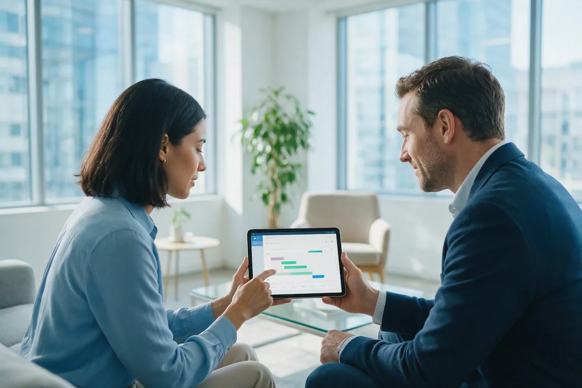 Sales rep and manager reviewing an opportunity pipeline on a tablet between meetings