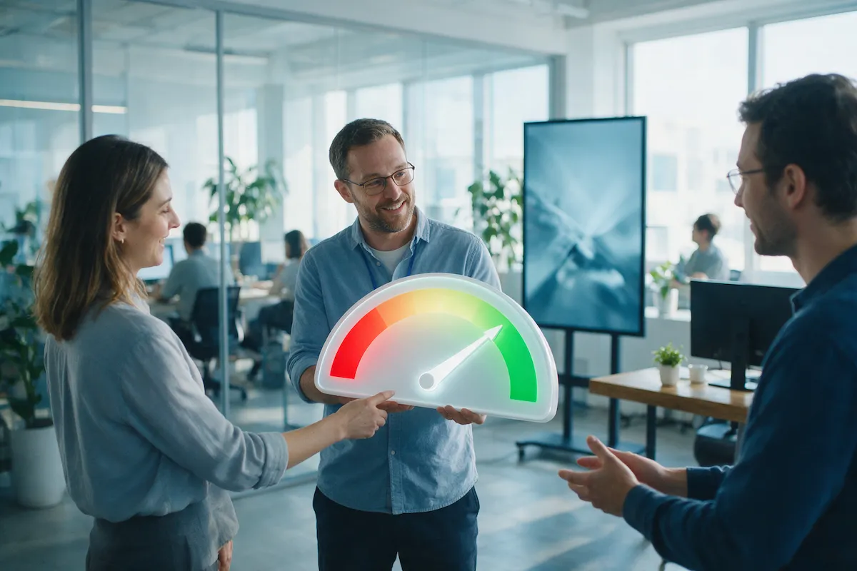Security consultant showing an improving security score gauge to a client