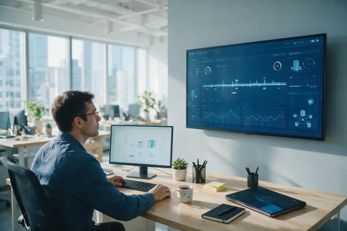 Security engineer investigating a threat timeline on a large monitor