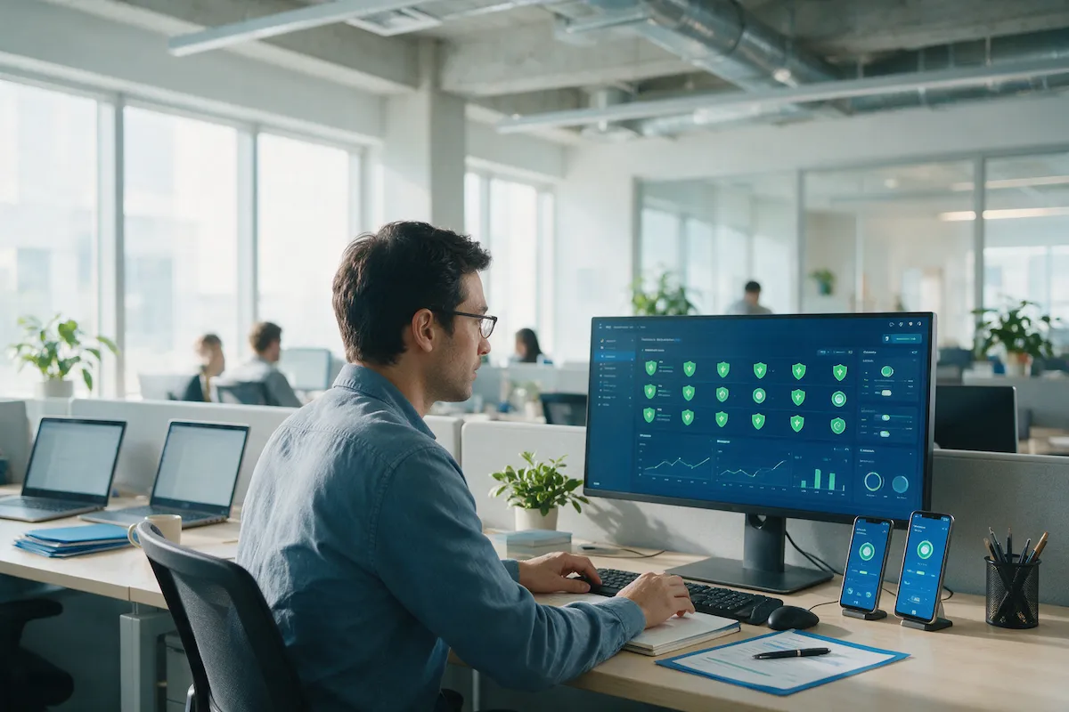 Security engineer reviewing device protection status for laptops and phones on a console
