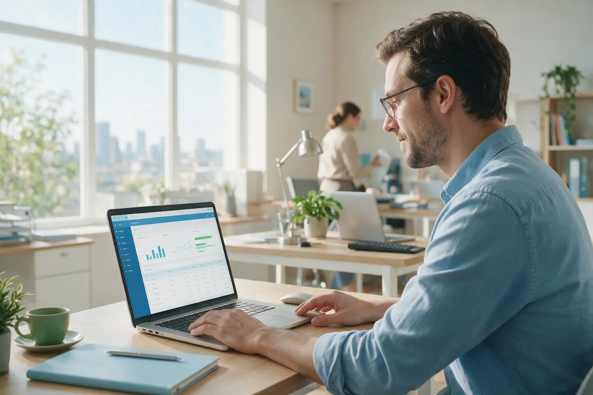 Small-business finance manager and consultant reviewing an ERP ledger dashboard on a laptop