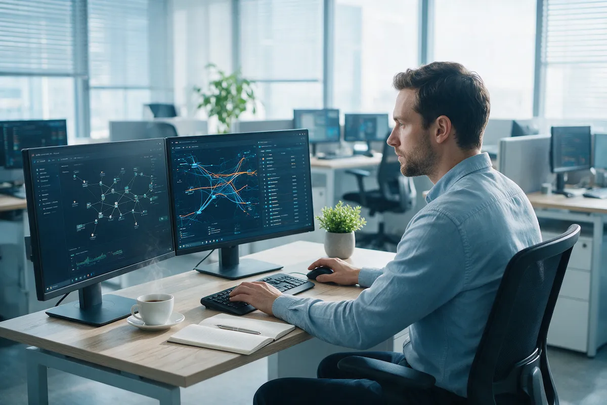 SOC analyst investigating an incident graph across multiple monitors