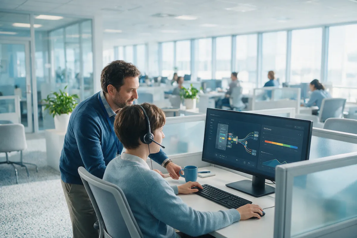 Support team lead coaching an agent with headset