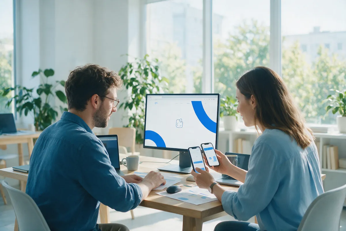 Web developer and marketer reviewing a new website on desktop and phone